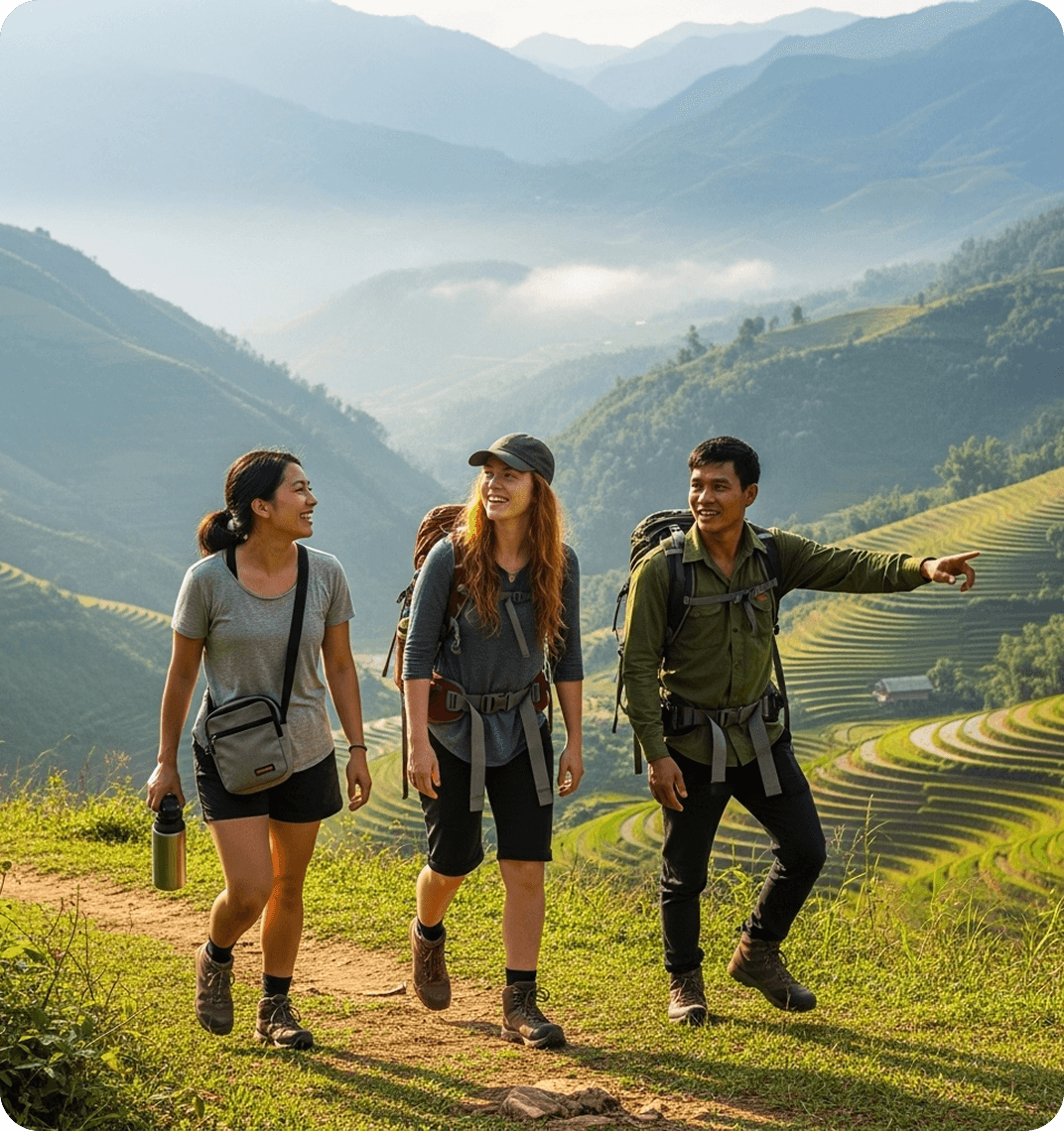 Two female friends walking through the mountains of northern Vietnam with a Vietnamese male tour guide.