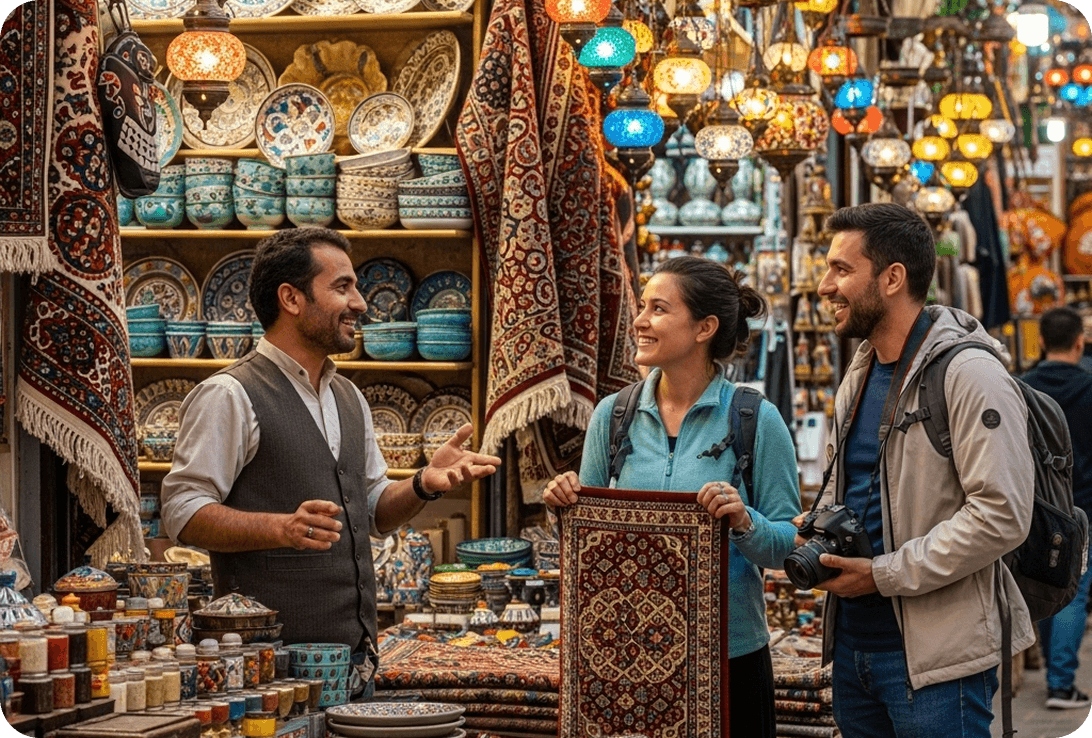 Two travelers speaking in Persian with a shop owner at a traditional bazaar in Tehran.