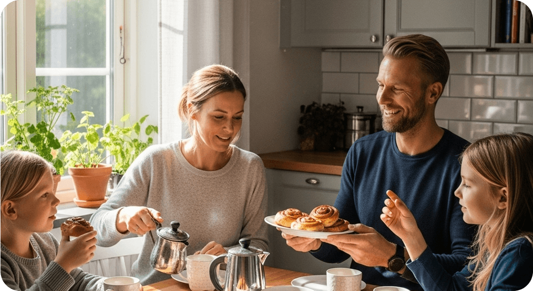 A Swedish family gathered in a bright kitchen for fika, enjoying coffee and cinnamon buns.