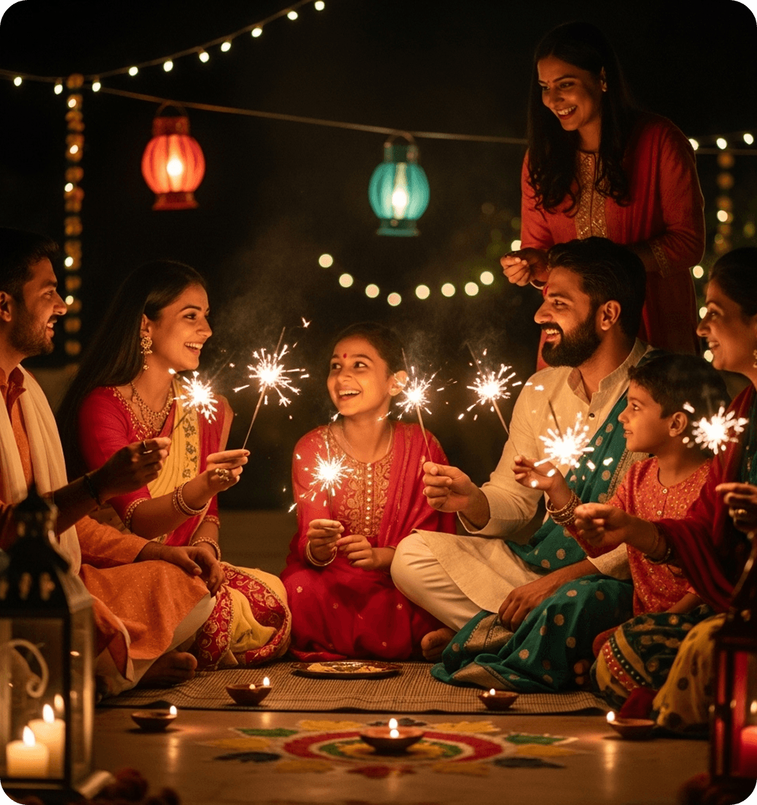 An Indian family celebrates Diwali by holding sparklers with lights hung and a rangoli painted near them.