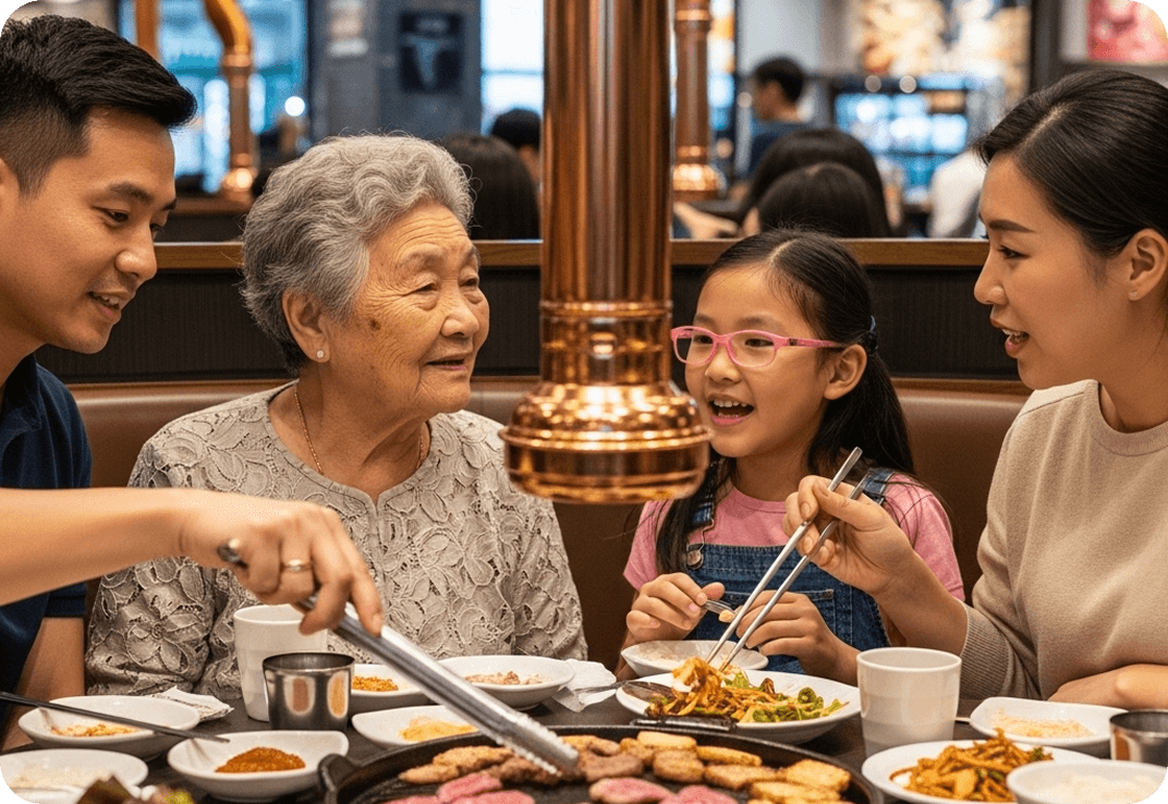 A Korean family at a Korean BBQ restaurant.