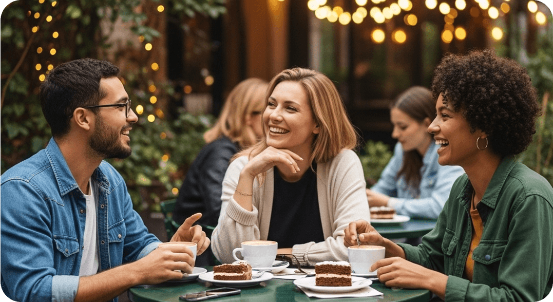 Three diverse friends sitting at a café terrace in Warsaw, speaking in Polish and laughing together.
