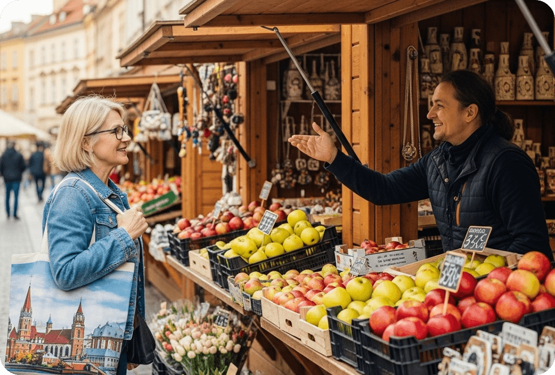 A female traveler in her sixties speaking Polish with a local shopkeeper at a small outdoor market in Kraków.