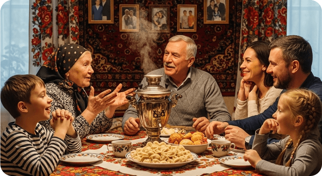 A Russian family gathered around a dinner table at home, sharing pelmeni and tea from a samovar.