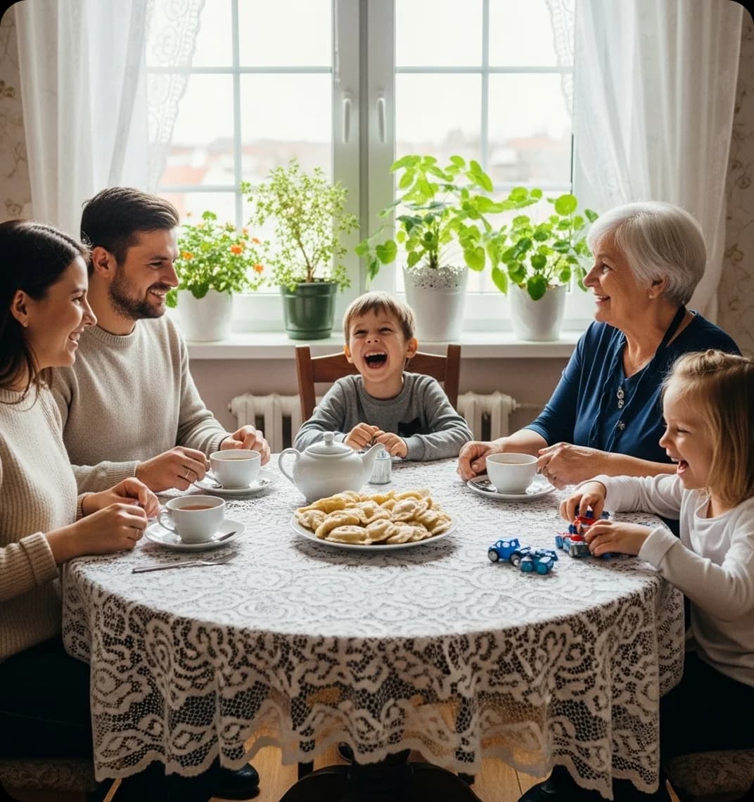 A Polish family gathered around a kitchen table on a Sunday afternoon, sharing pierogi and tea.