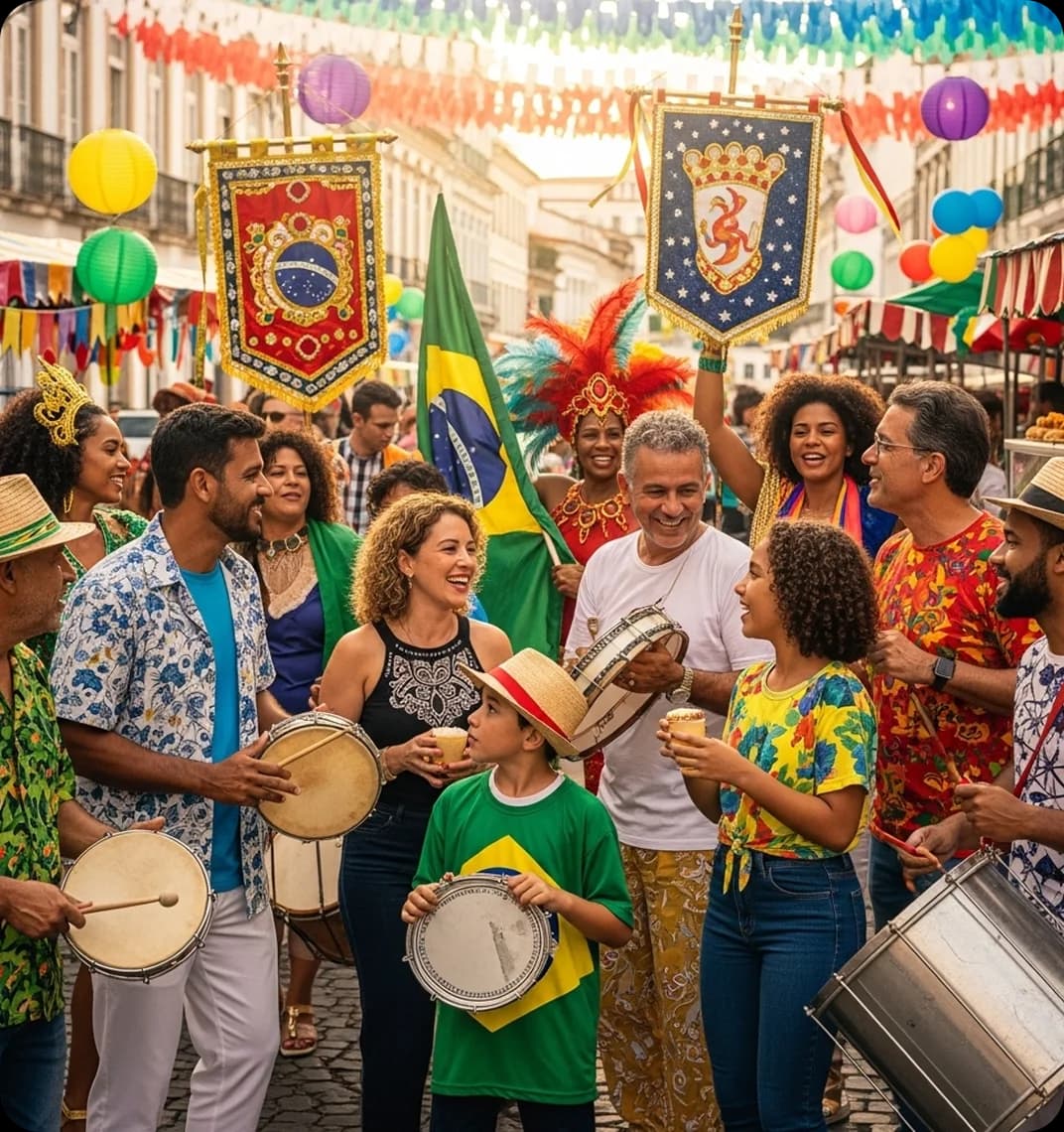 Families and friends celebrating Carnival, speaking Portuguese while dancing and waving flags.