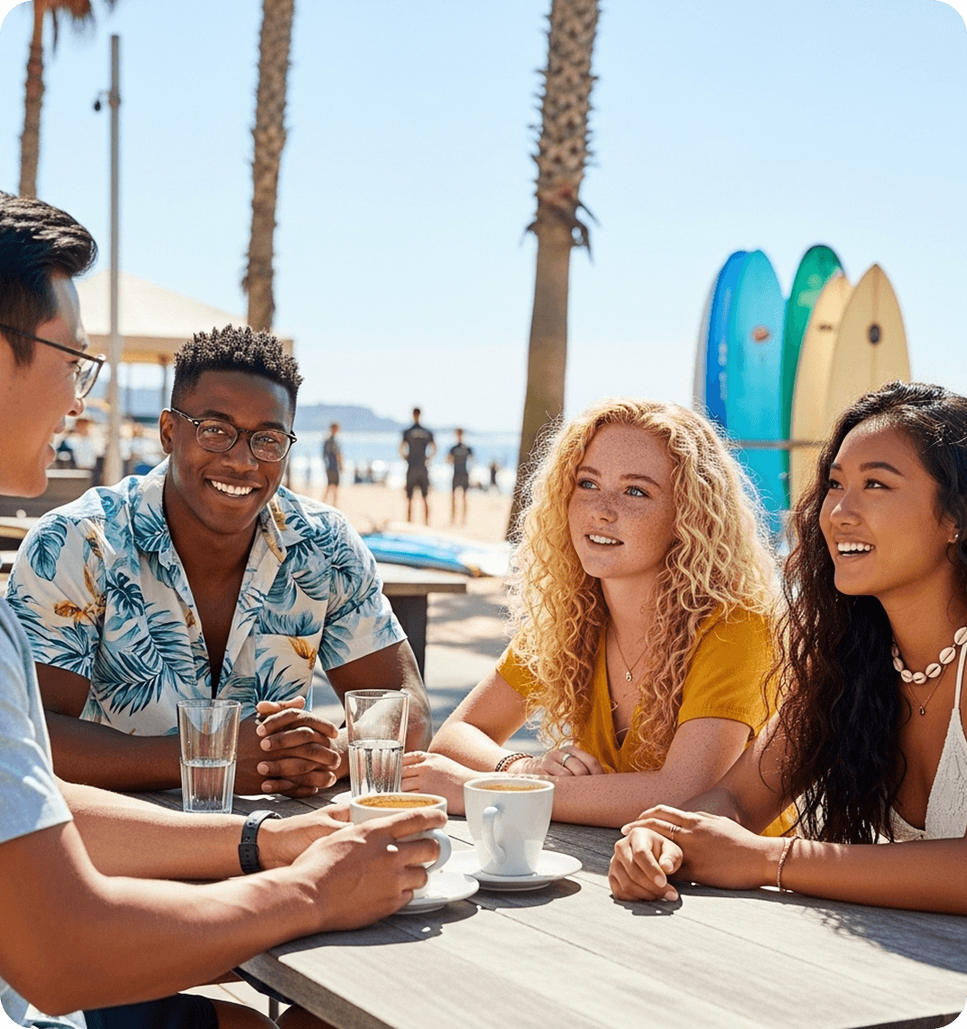 Friends relaxing at a sunny outdoor café near the beach in Sydney.
