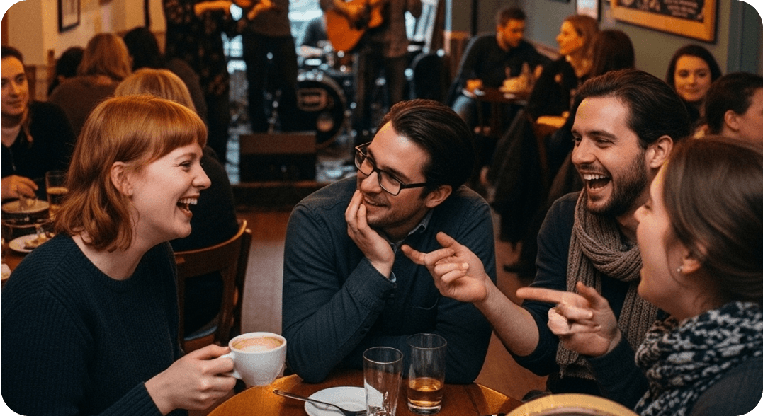 A group of friends speaking Irish in a coffee shop.