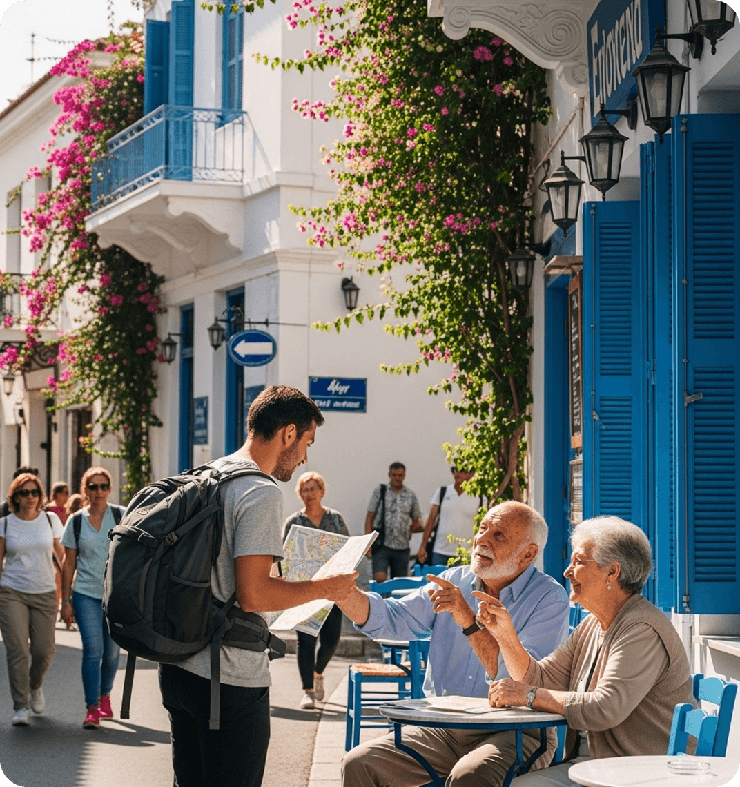 A tourist asks locals for directions in Greek.
