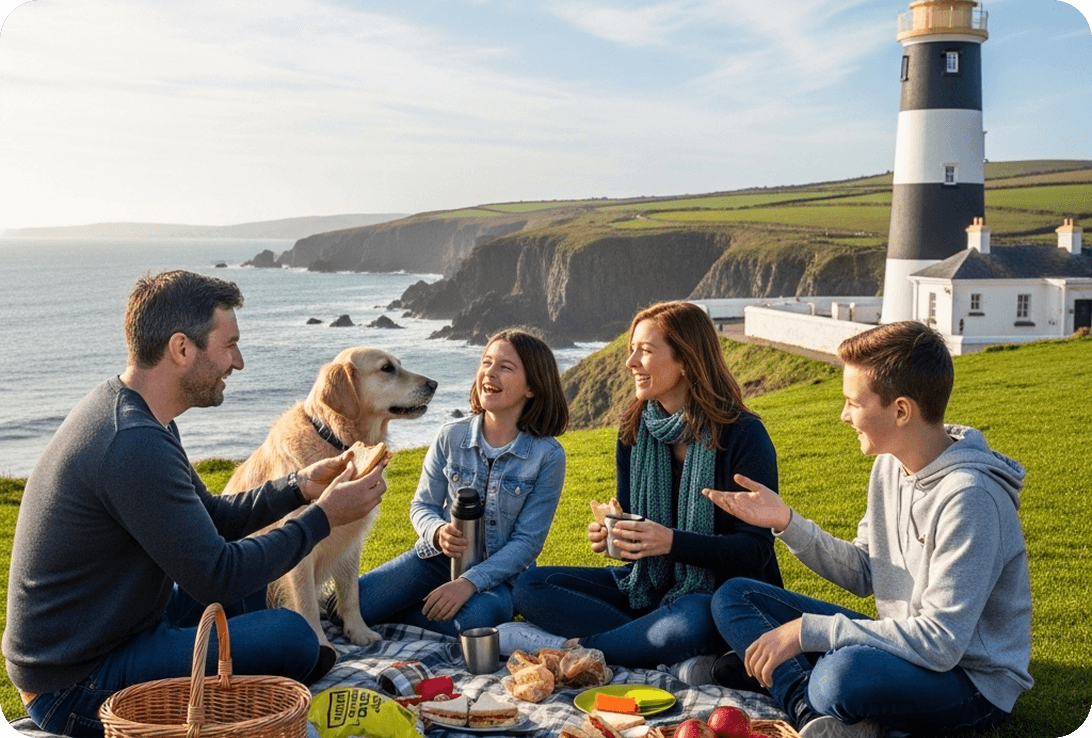 A family enjoys a picnic in front of an Irish lighthouse.
