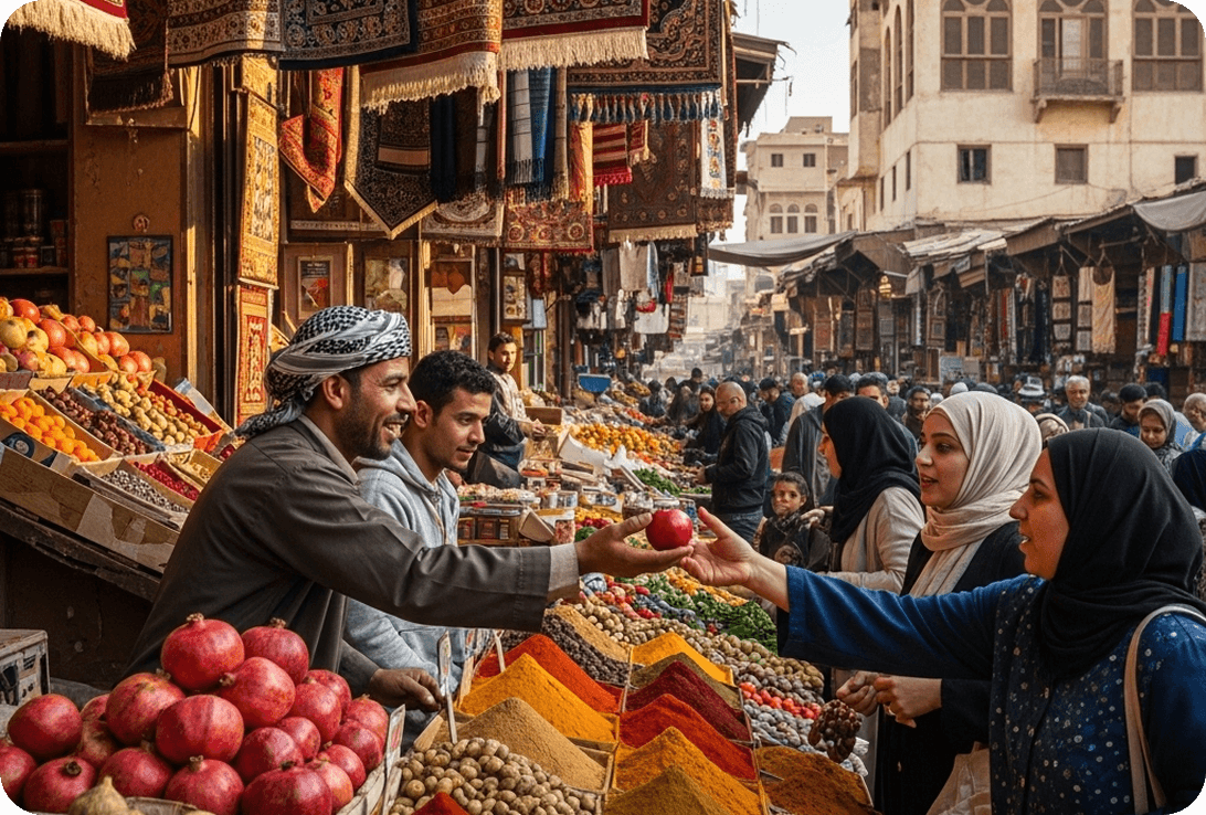Locals conversing in Arabic and buying fruit at a local market.