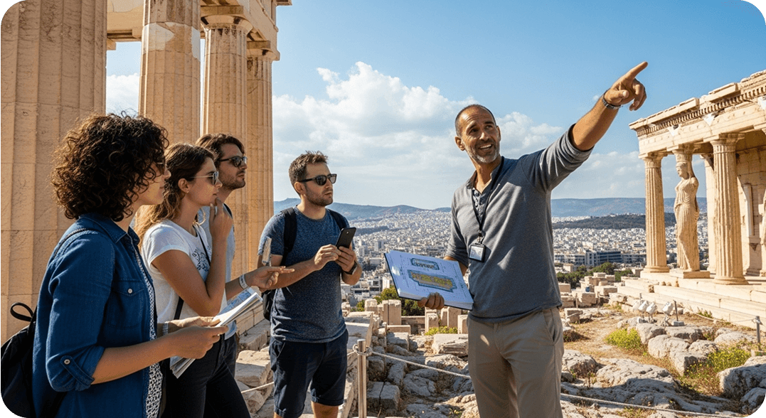 A tour guide at the Acropolis in Athens explains Greek history to a tour group.