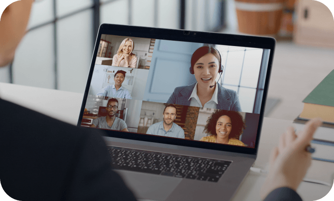 A group of language learners participating in an online tutoring session.