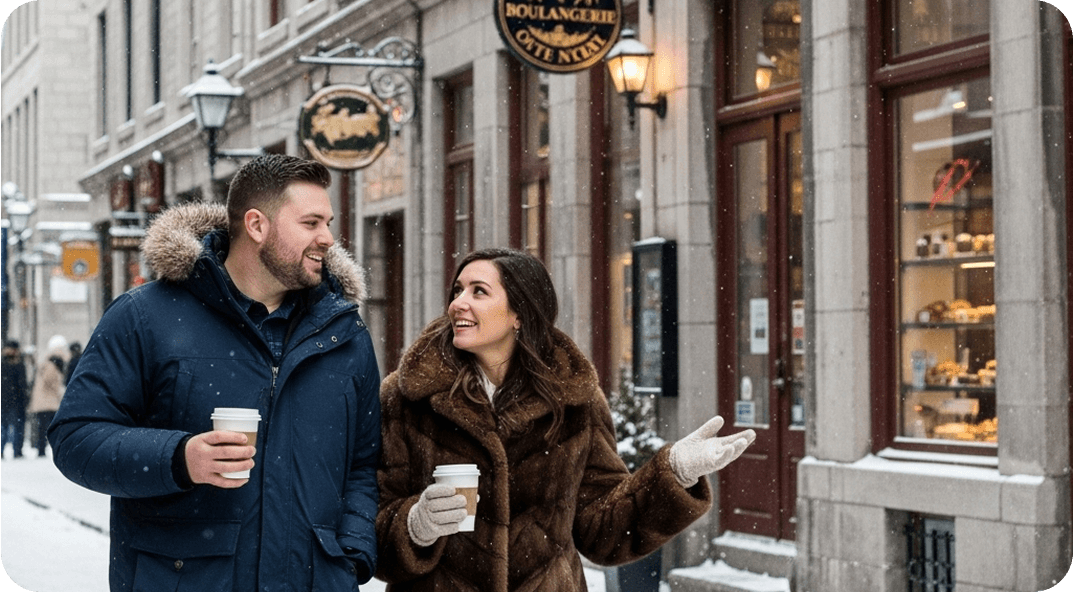 A couple walking down a street lined with French-language shops.
