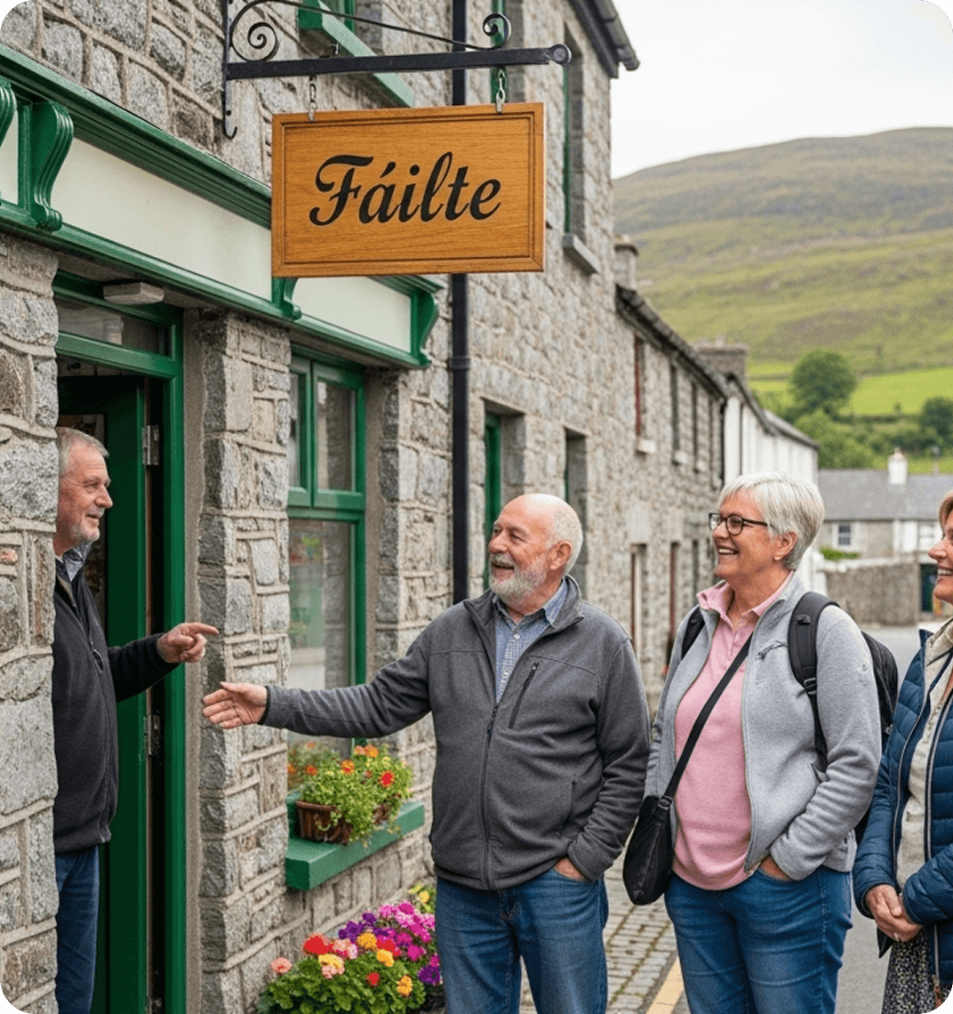 A local welcomes tourists into Ireland.