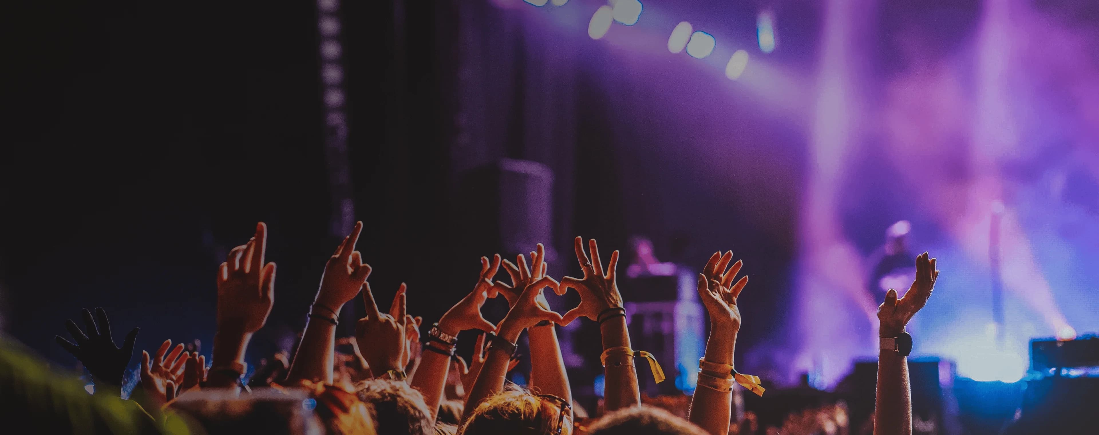 Crowd raises hands in excitement at live music performance. Overlaid is the German word "Konzert" with its English translation, "concert".