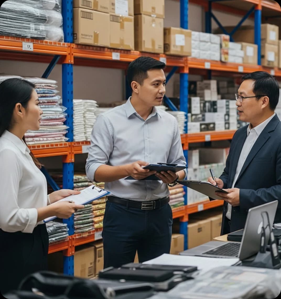 A businessperson standing in a warehouse in China, speaking in Mandarin with a wholesale owner.